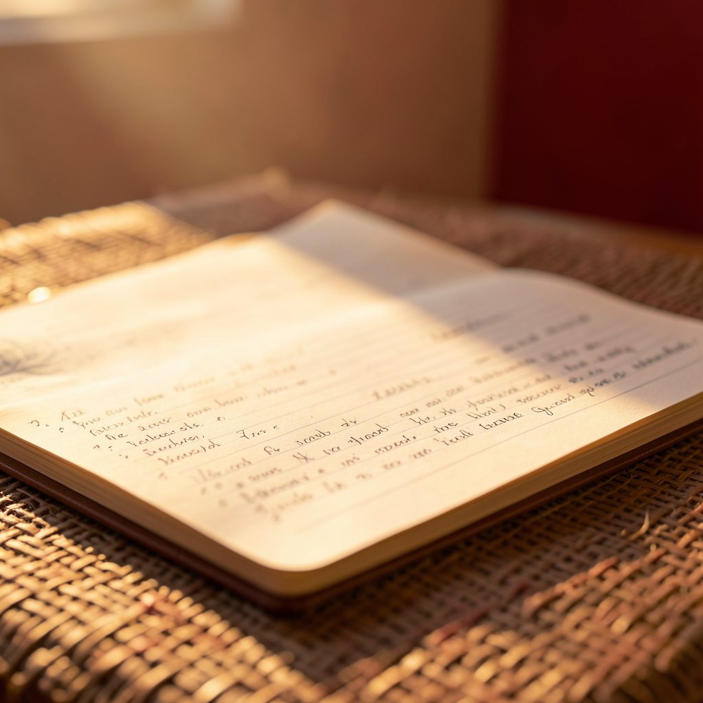 Gros plan sur des pages manuscrites de cahier de laboratoire posées sur une paillasse, éclairées par une lumière chaude de fin d'après-midi.